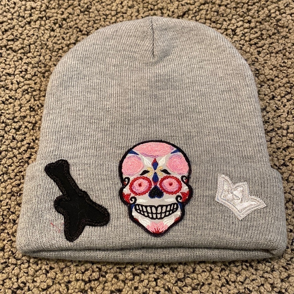 NWOT Gray Knit Hat with Patches on Front and Rhinestone Embellishment on Back